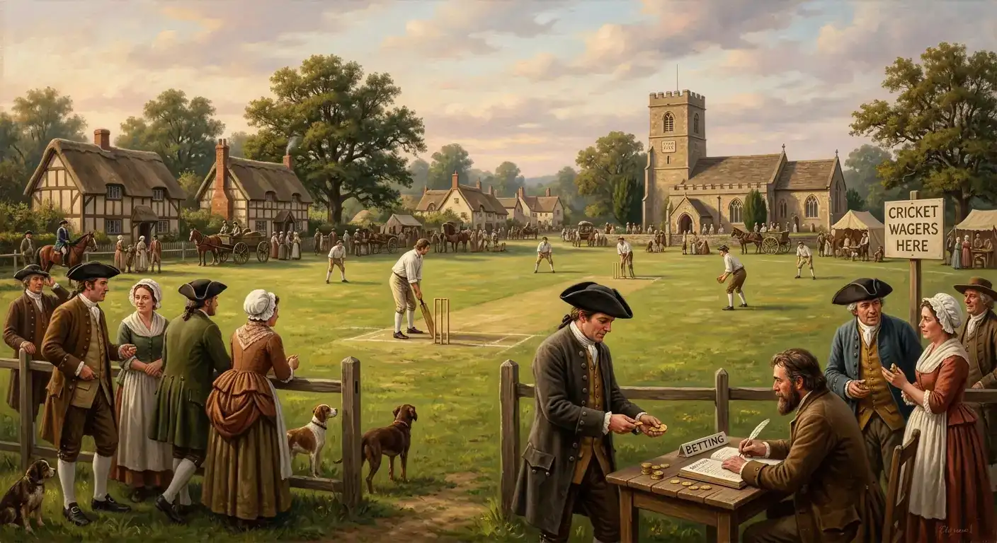 A historical village cricket match with 18th-century spectators