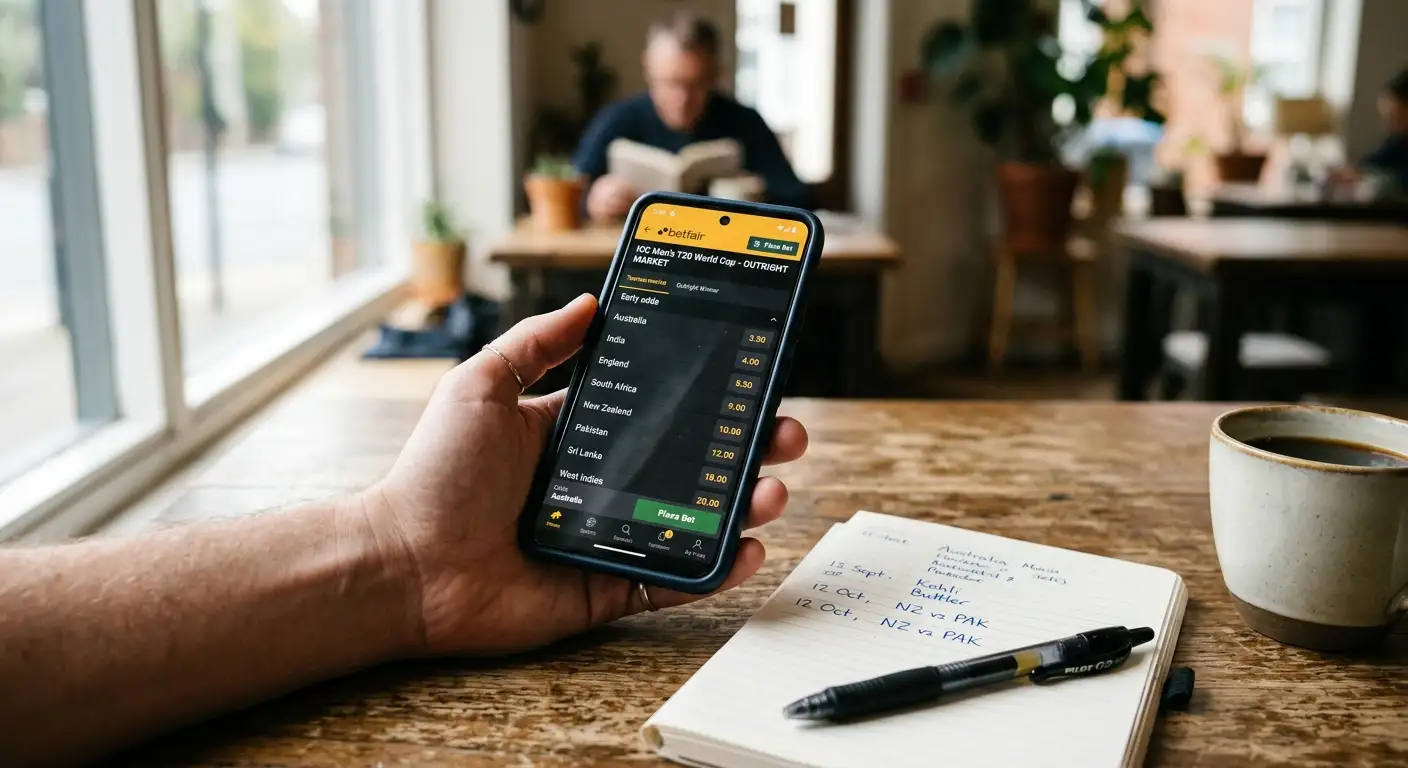 A phone showing an early outright price on a cricket tournament market