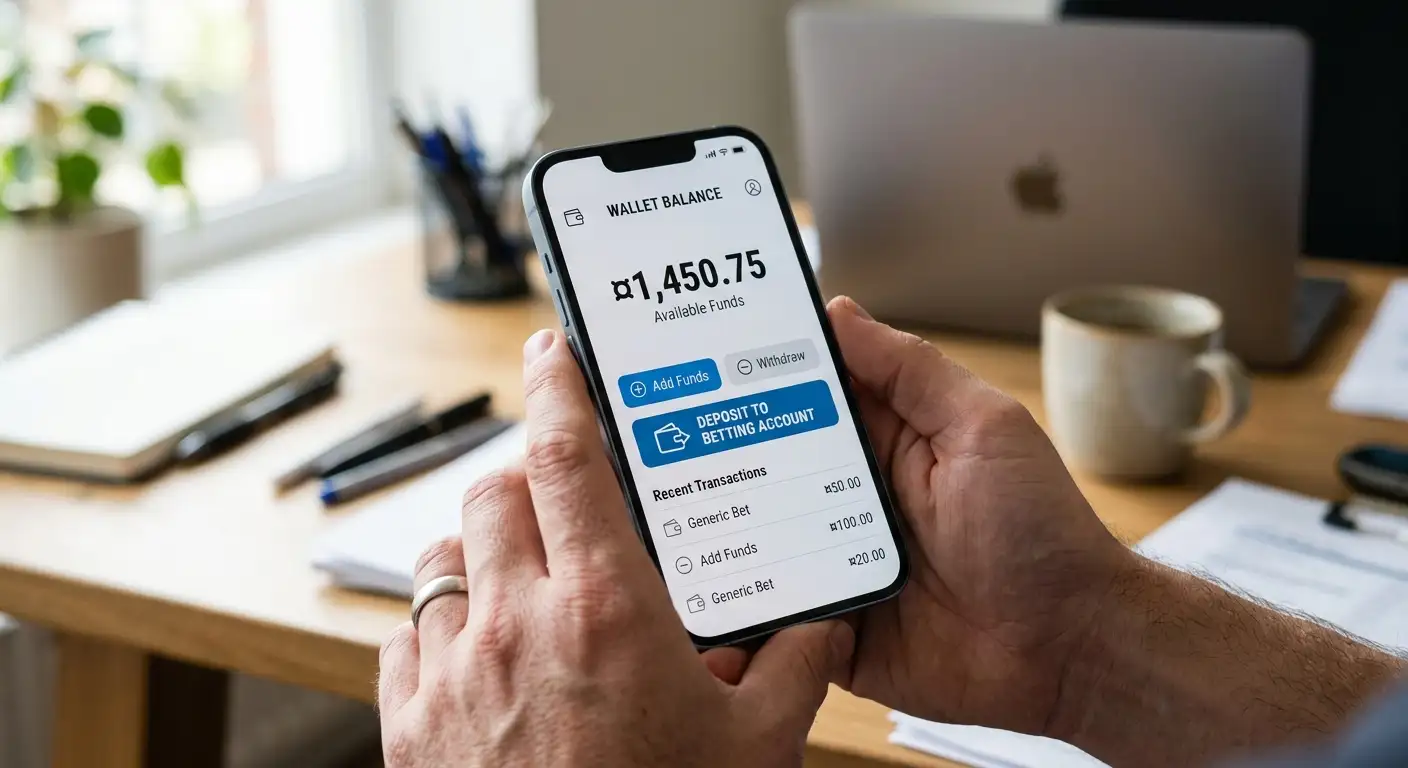 An e-wallet app open on a phone linked to a betting account