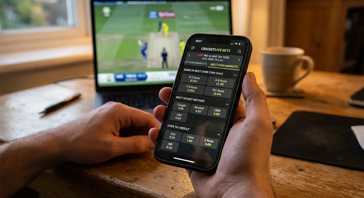 A phone showing several short-term fancy bet markets during a cricket match