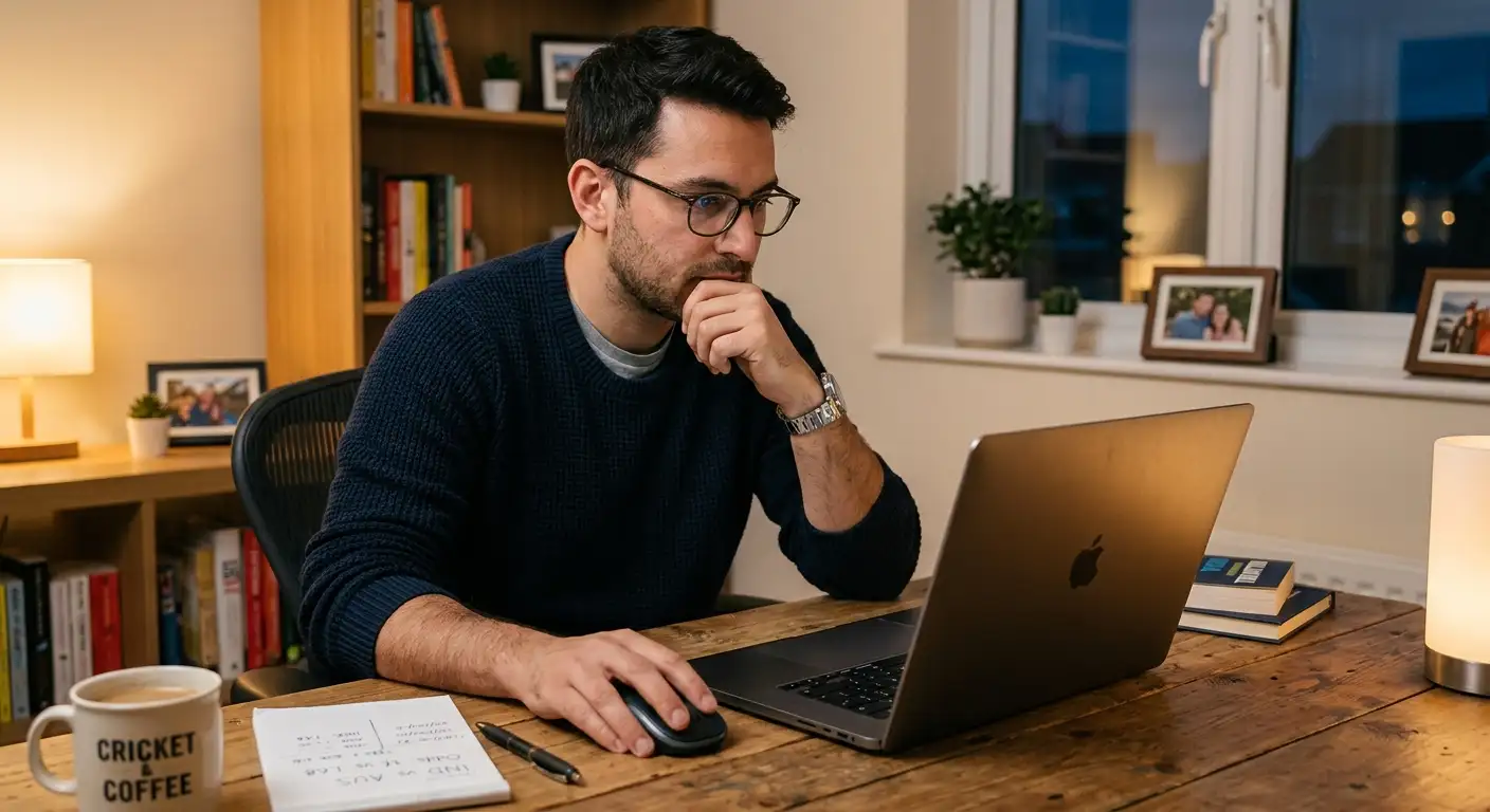 A person comparing cricket betting prices across browser tabs on a laptop