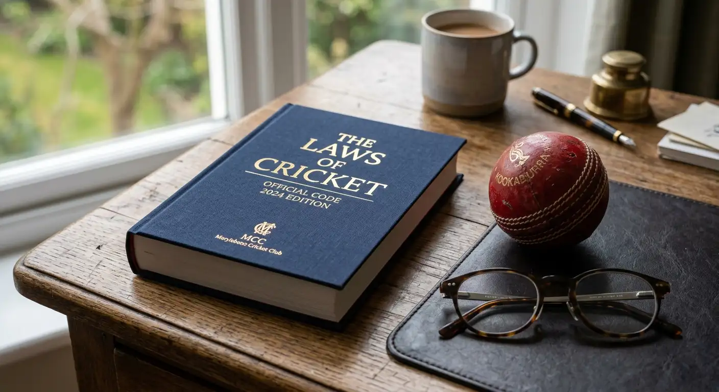 A modern rulebook beside a cricket ball representing current regulation
