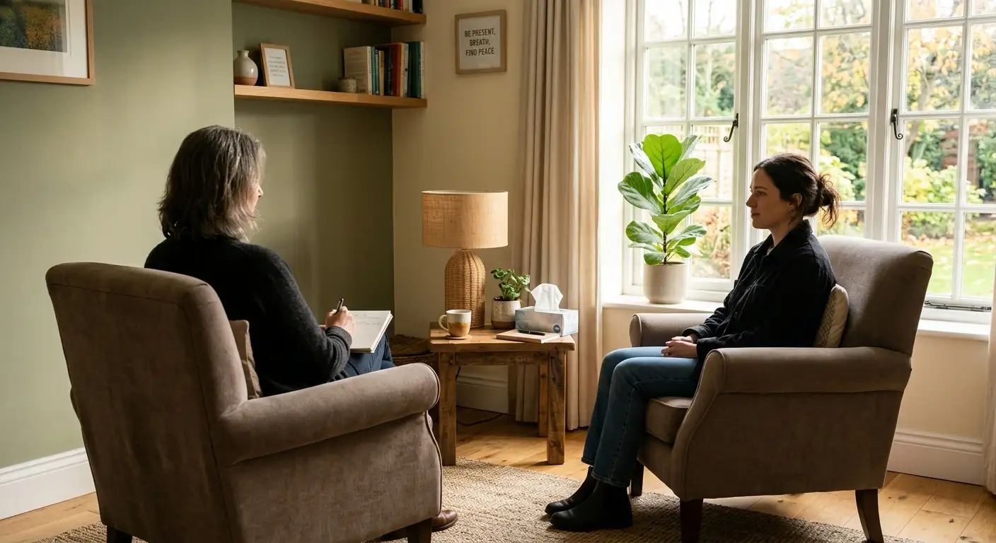 A supportive counselling session in a bright clinic room