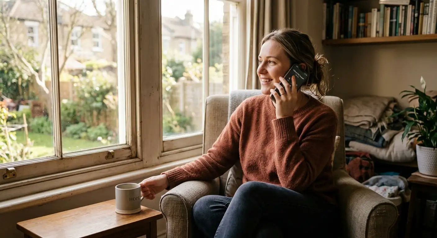 A person making a supportive phone call for help in a calm room