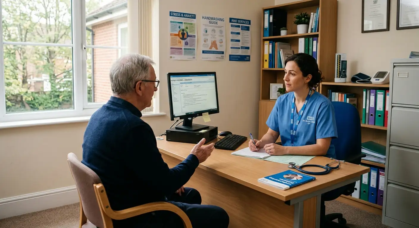 A GP and patient in a calm consultation room