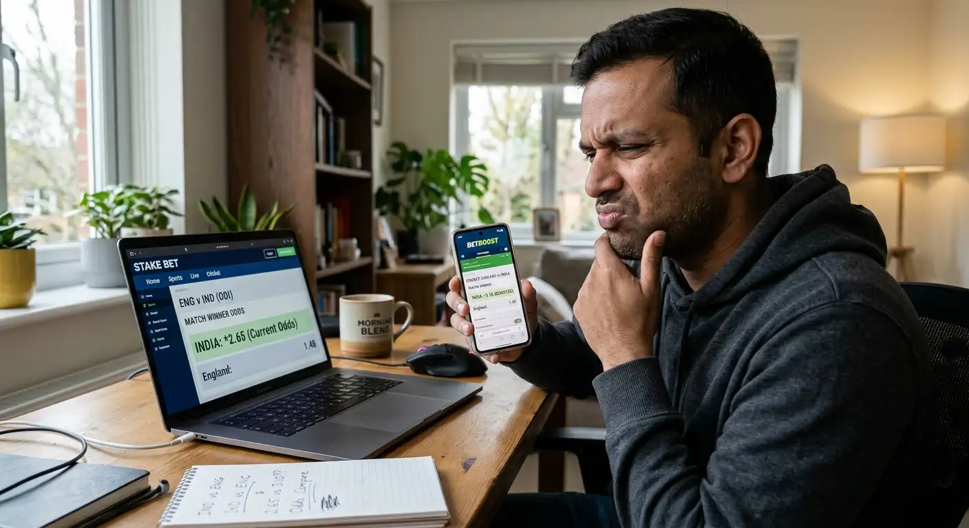 A person comparing a boosted price against standard odds on two screens