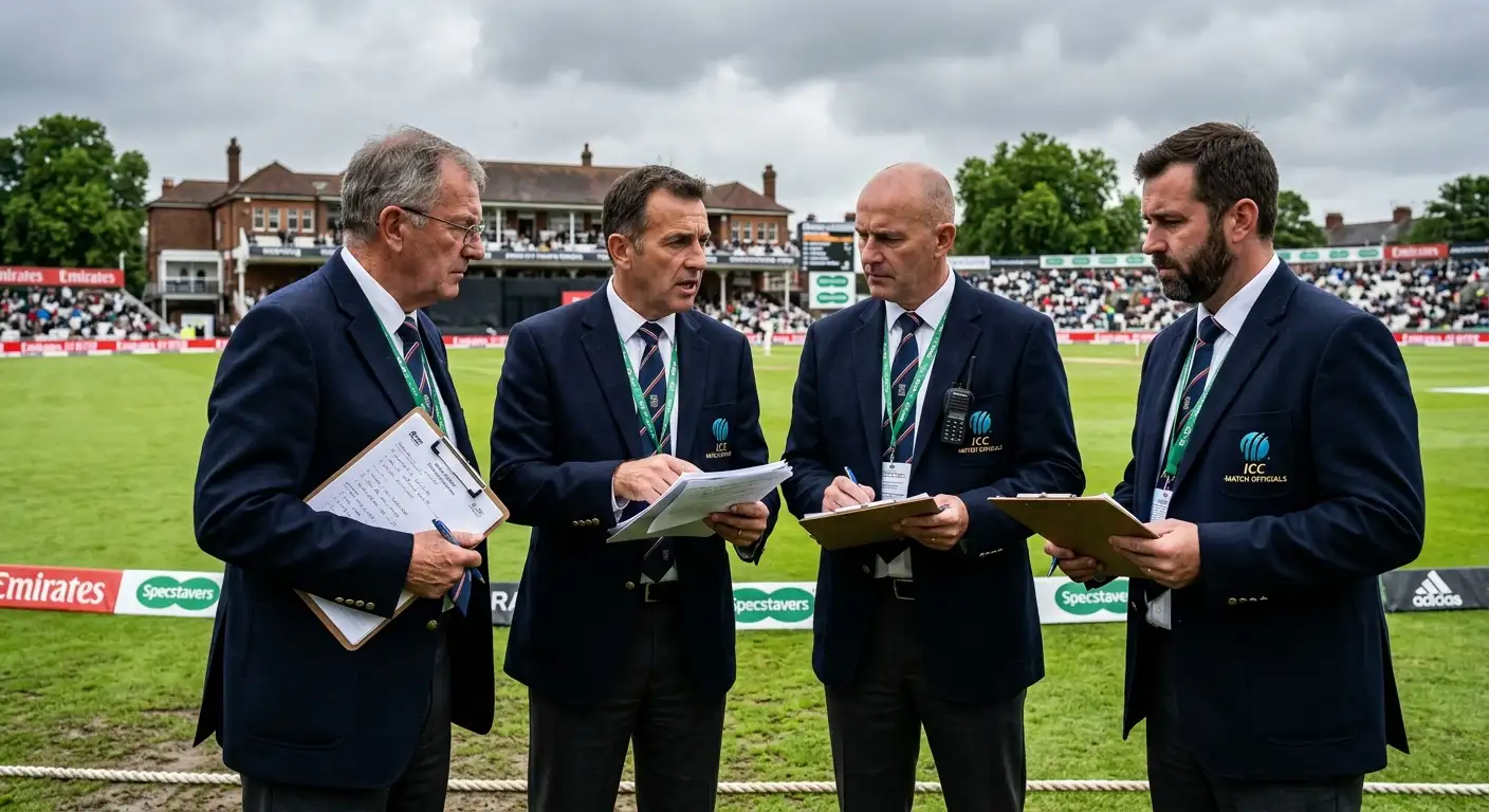 Cricket officials in discussion at the boundary edge of a ground