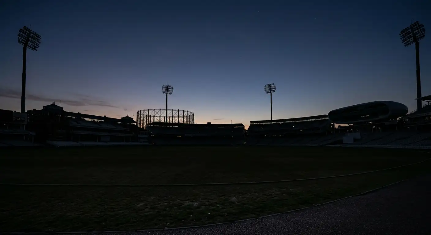 A shadowed empty cricket ground representing the hidden illegal betting market