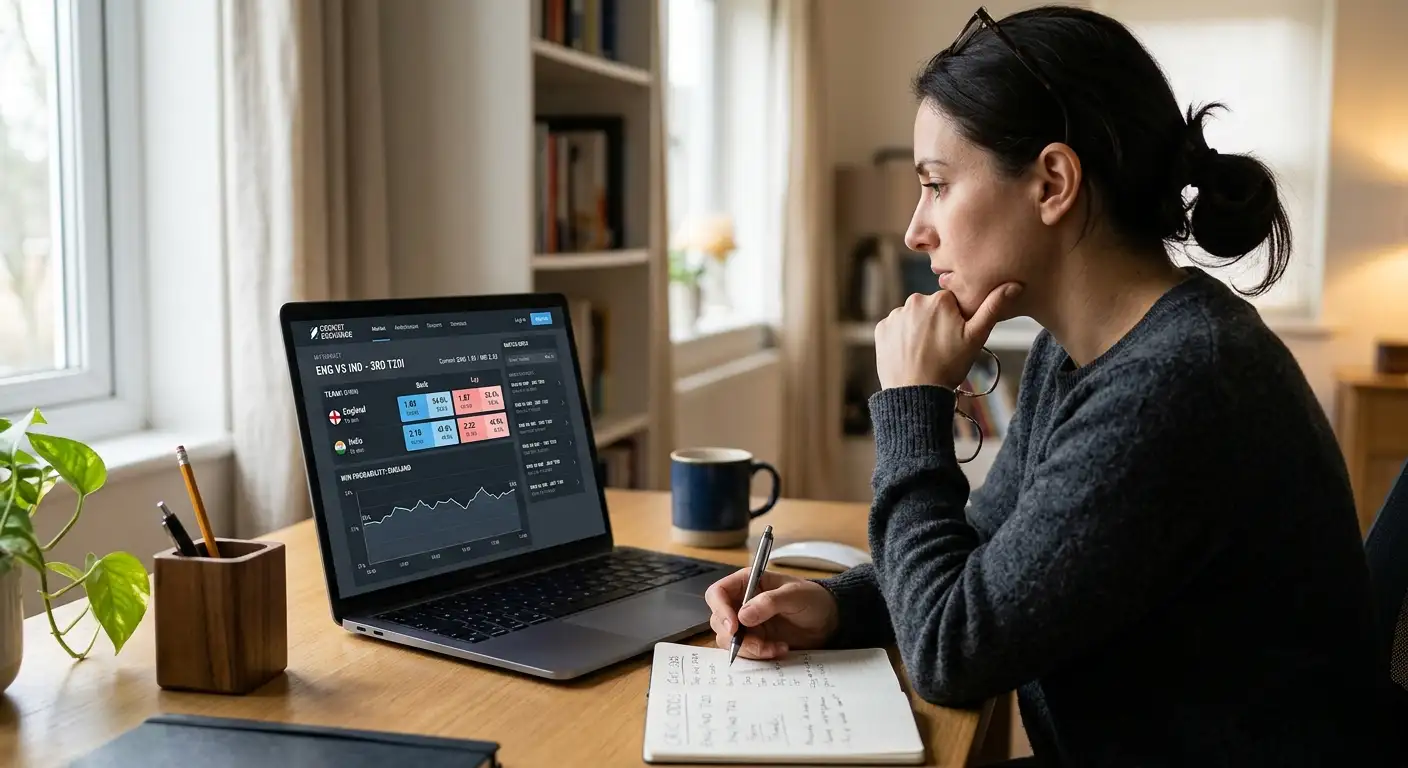 A laptop showing cricket match odds with implied probability percentages