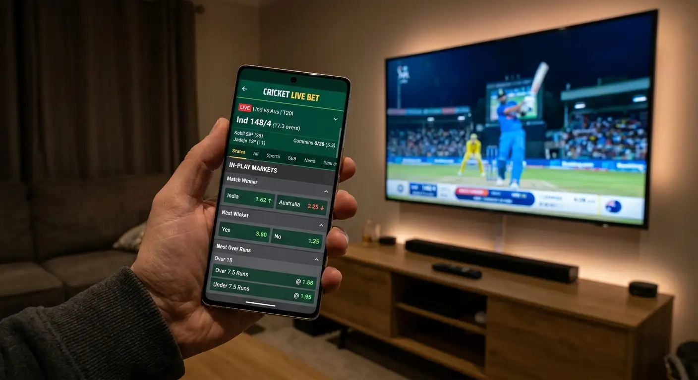 A phone showing in-play cricket markets updating during a live match