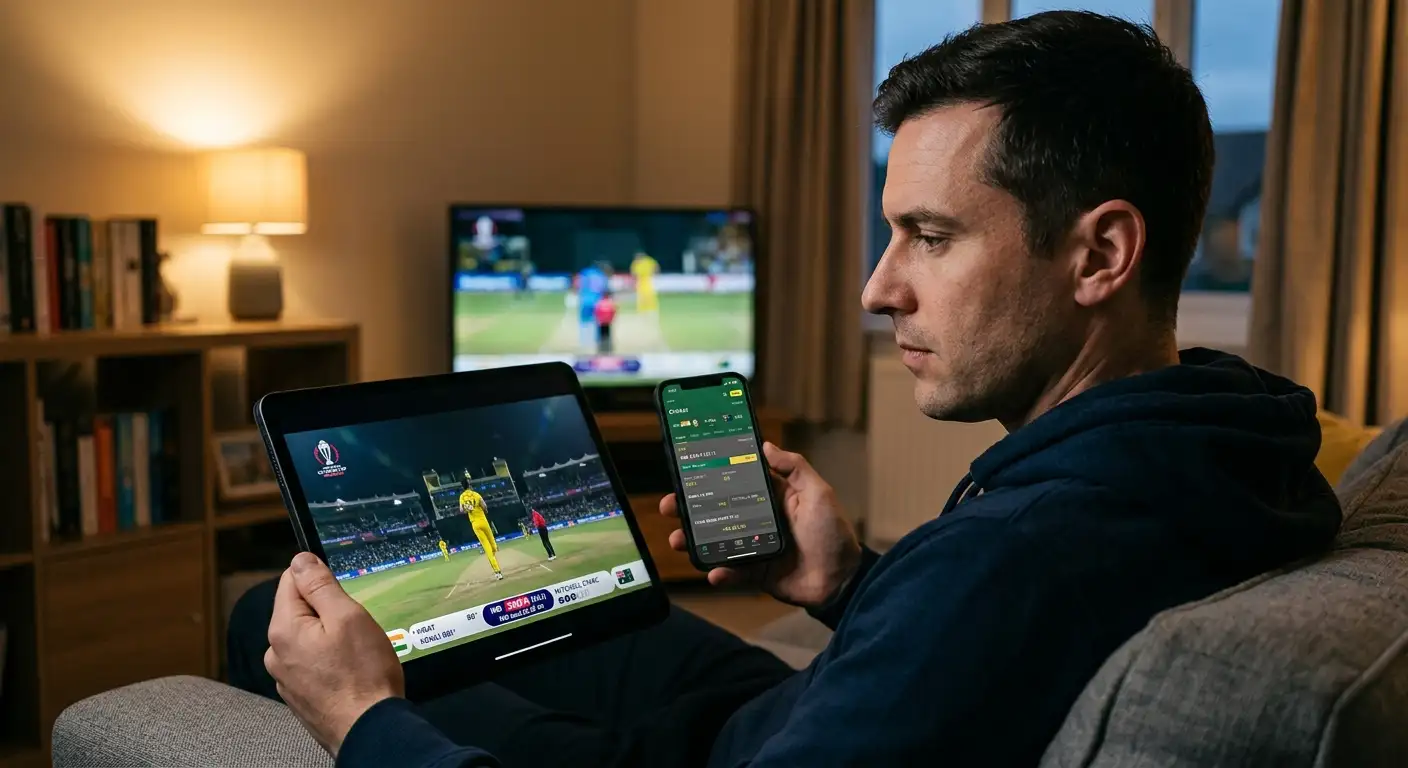 A live cricket stream playing slightly behind the in-play odds