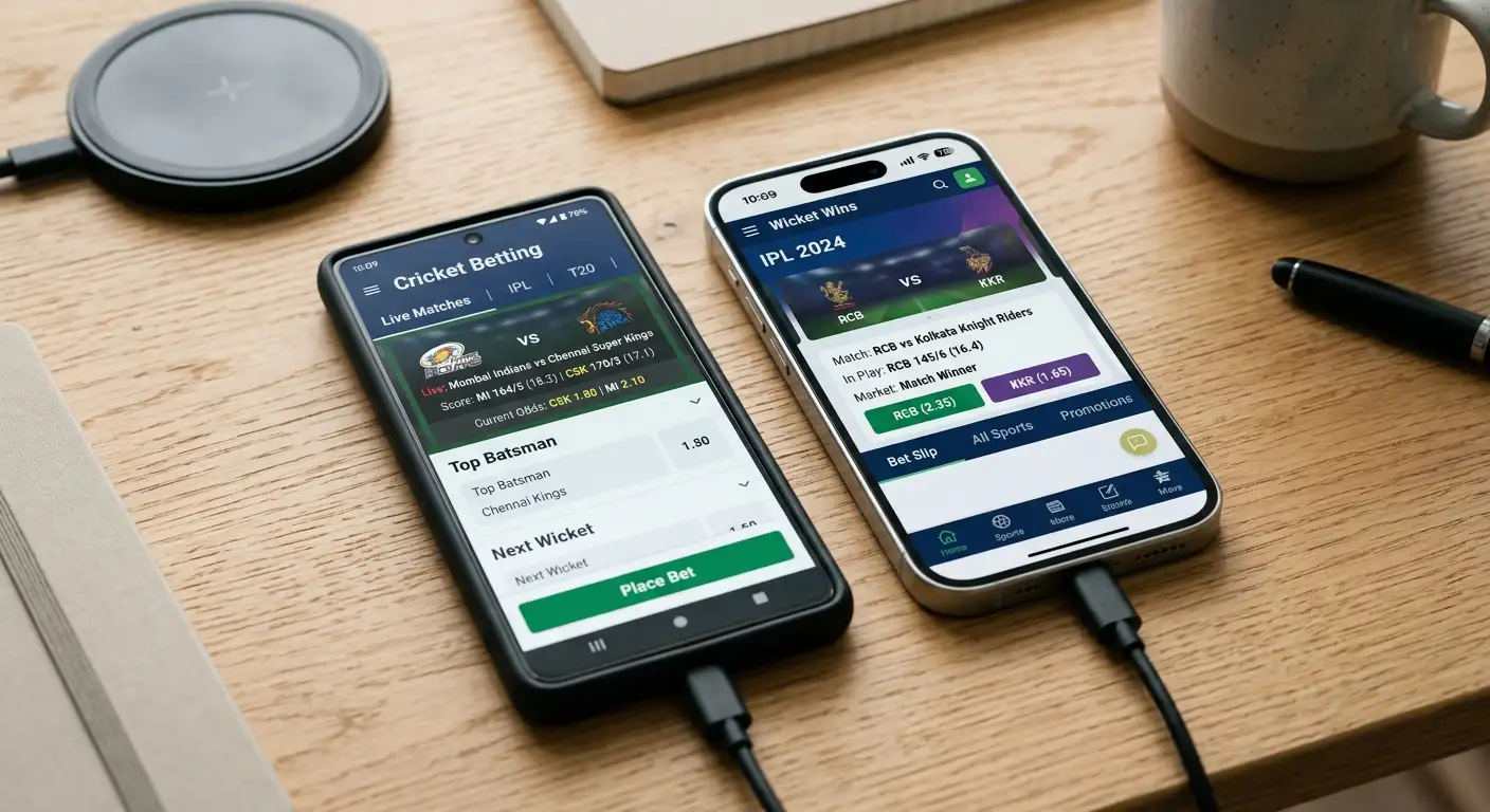 An iPhone and an Android phone side by side showing cricket betting apps