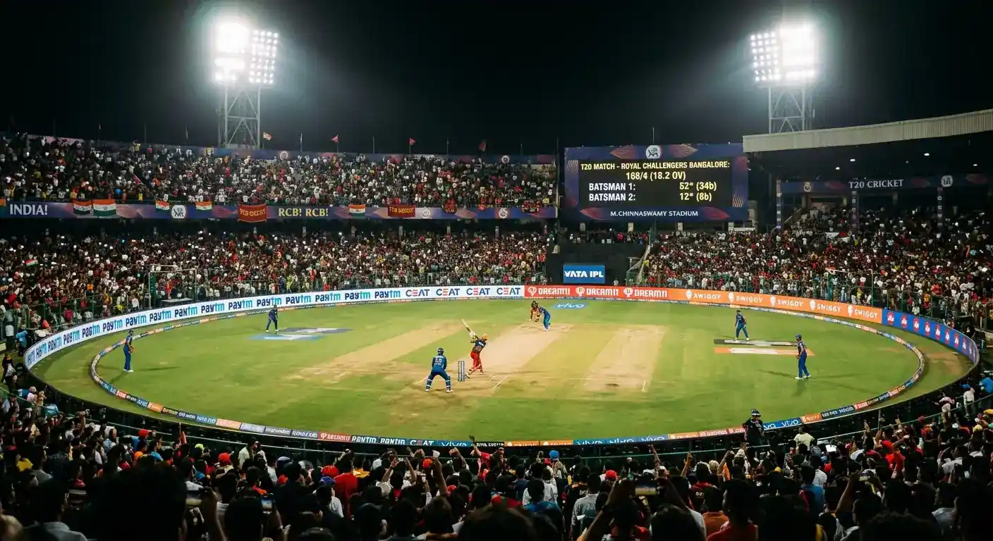 Cricket stadium under floodlights during an IPL Twenty20 match with a packed crowd