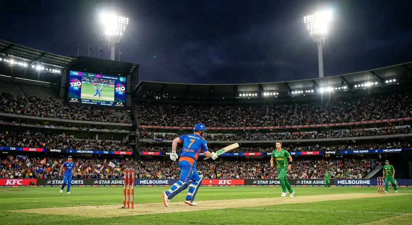 A floodlit Twenty20 cricket match in a full stadium at night