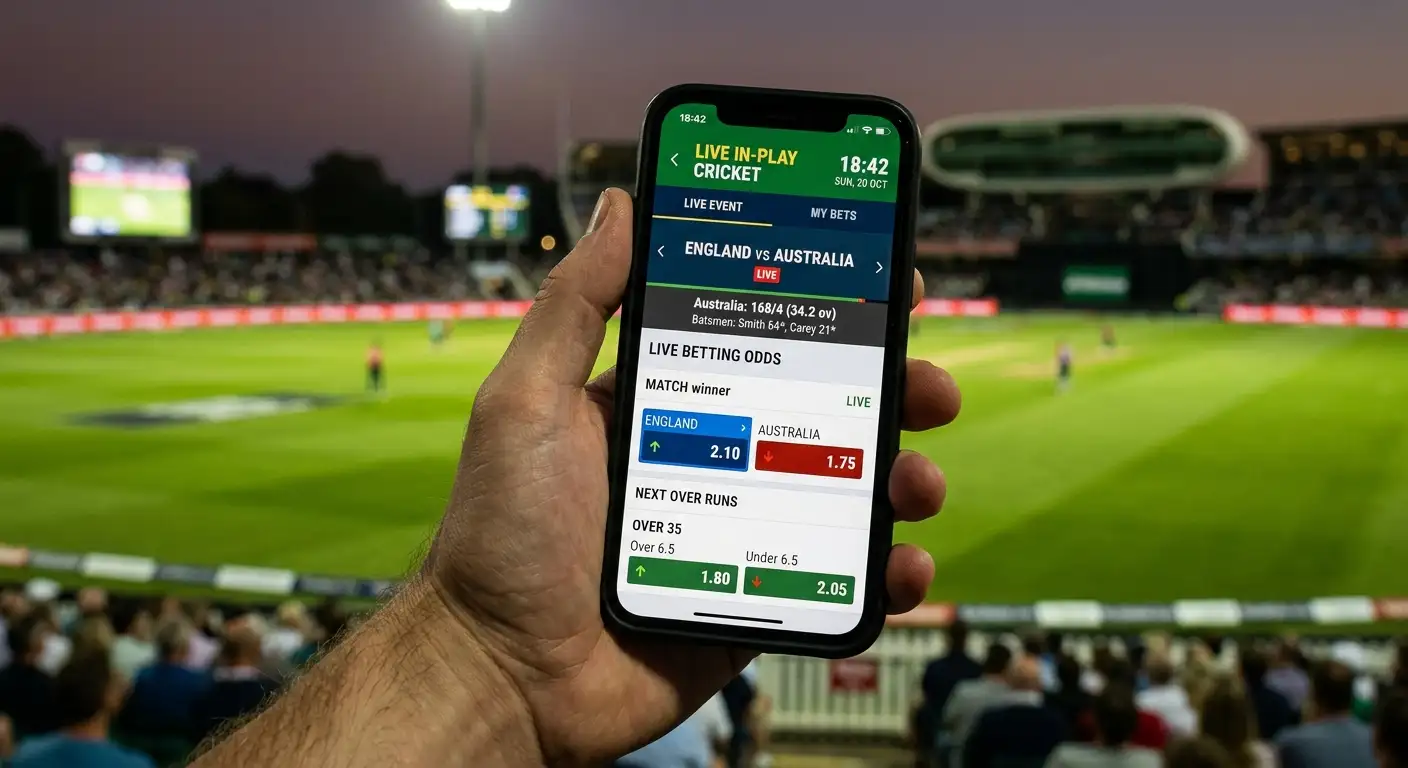 Live in-play cricket odds updating on a betting app during a match