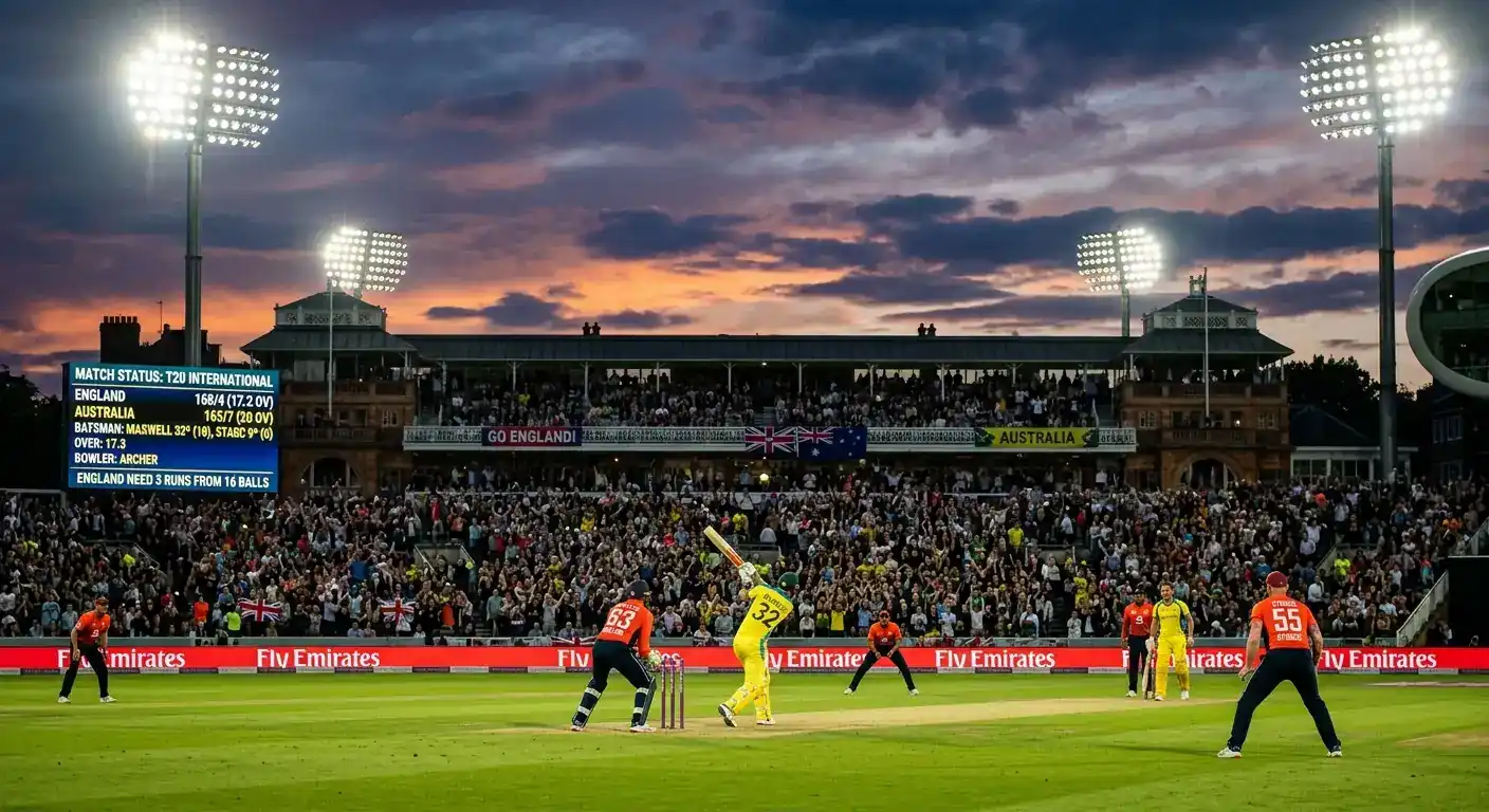 A live limited-overs cricket match on a stadium screen at dusk