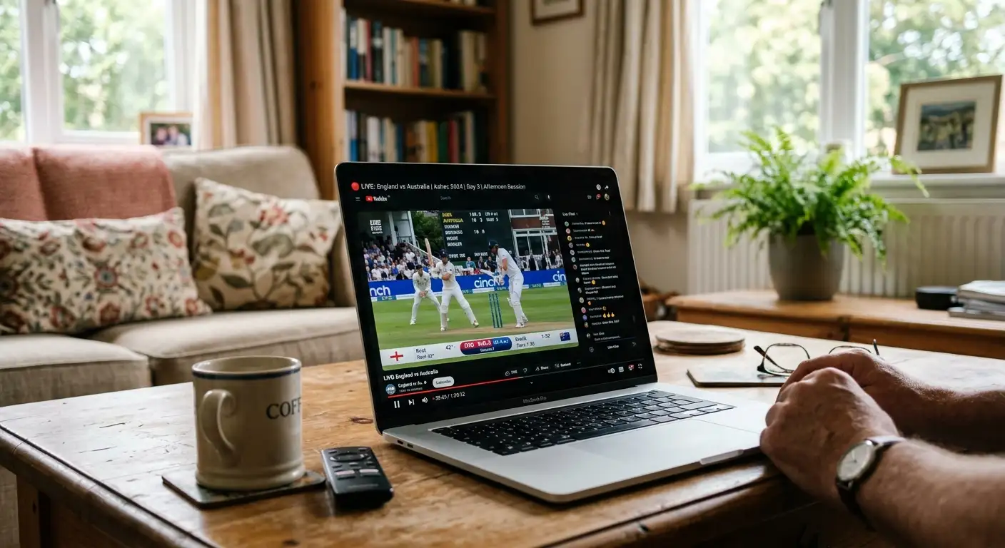 A clear live cricket stream playing on a laptop