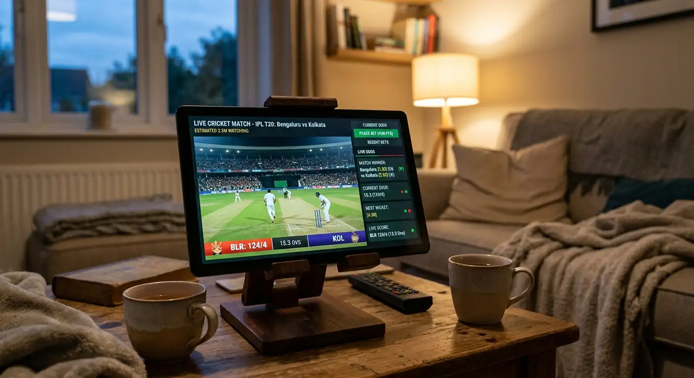 Cricket match streamed live within a betting site interface on a tablet
