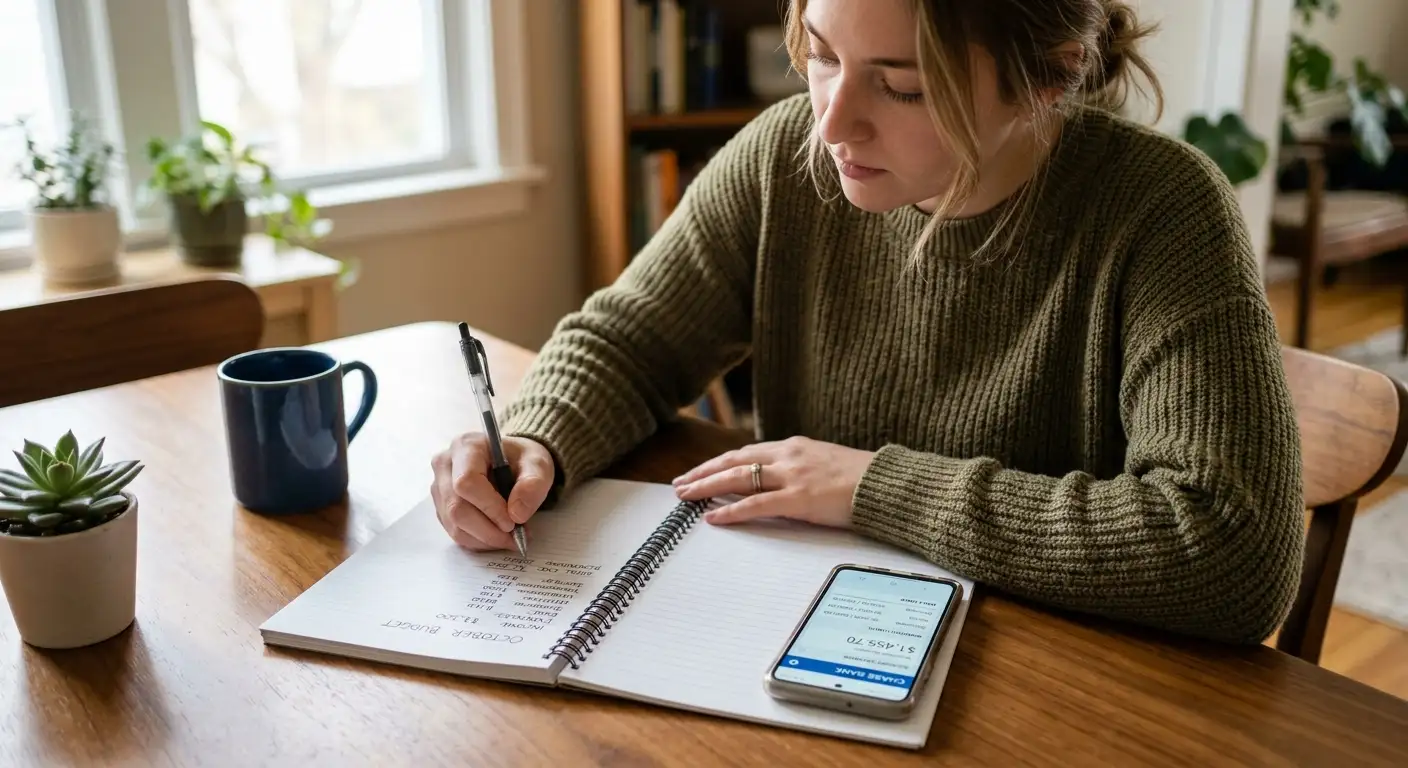 A person planning a betting budget in a notebook beside a phone