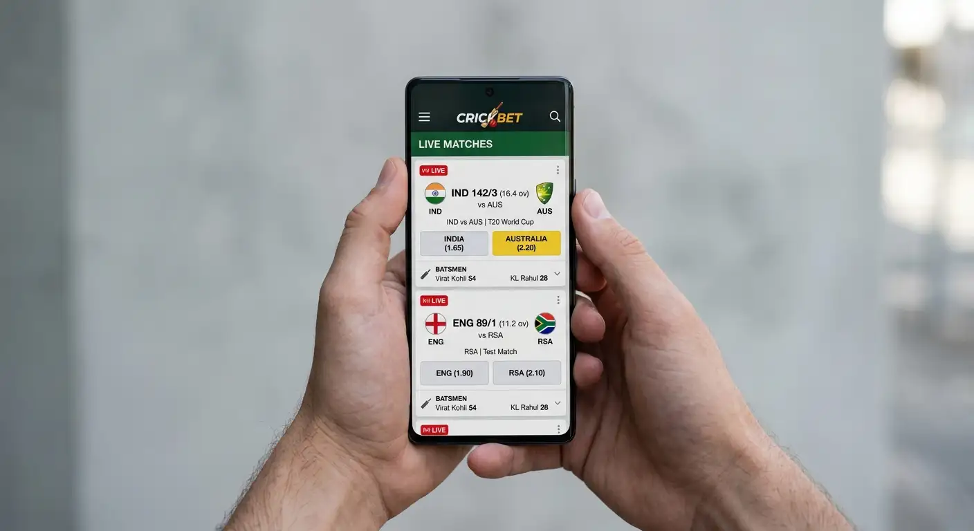 A smartphone showing a cricket betting app open on the match list
