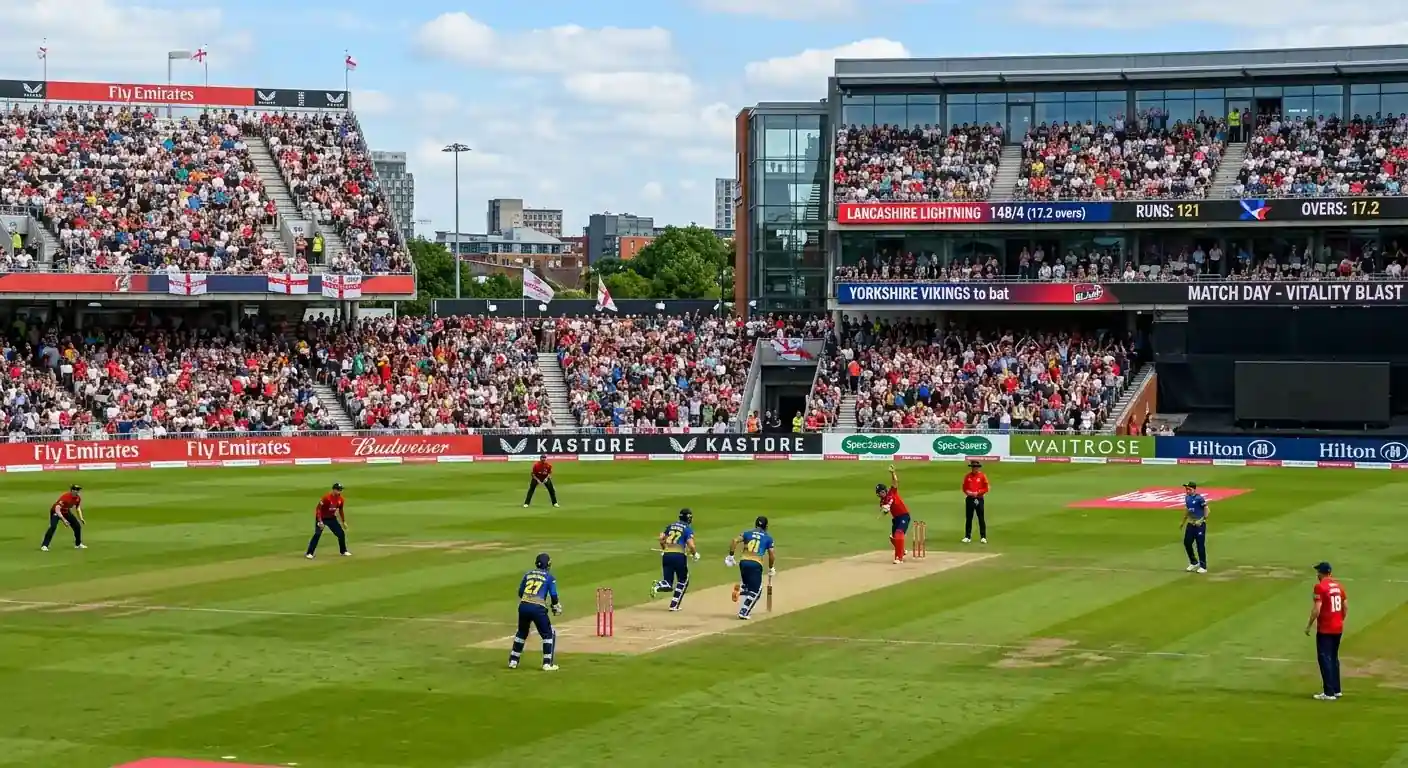 A modern English cricket ground on a busy match day