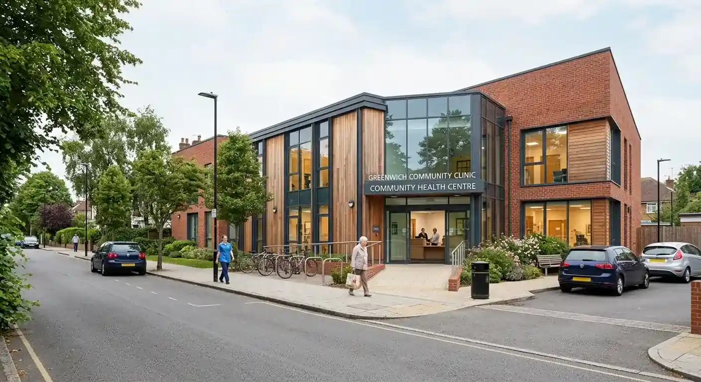 A modern NHS clinic building exterior on a calm street