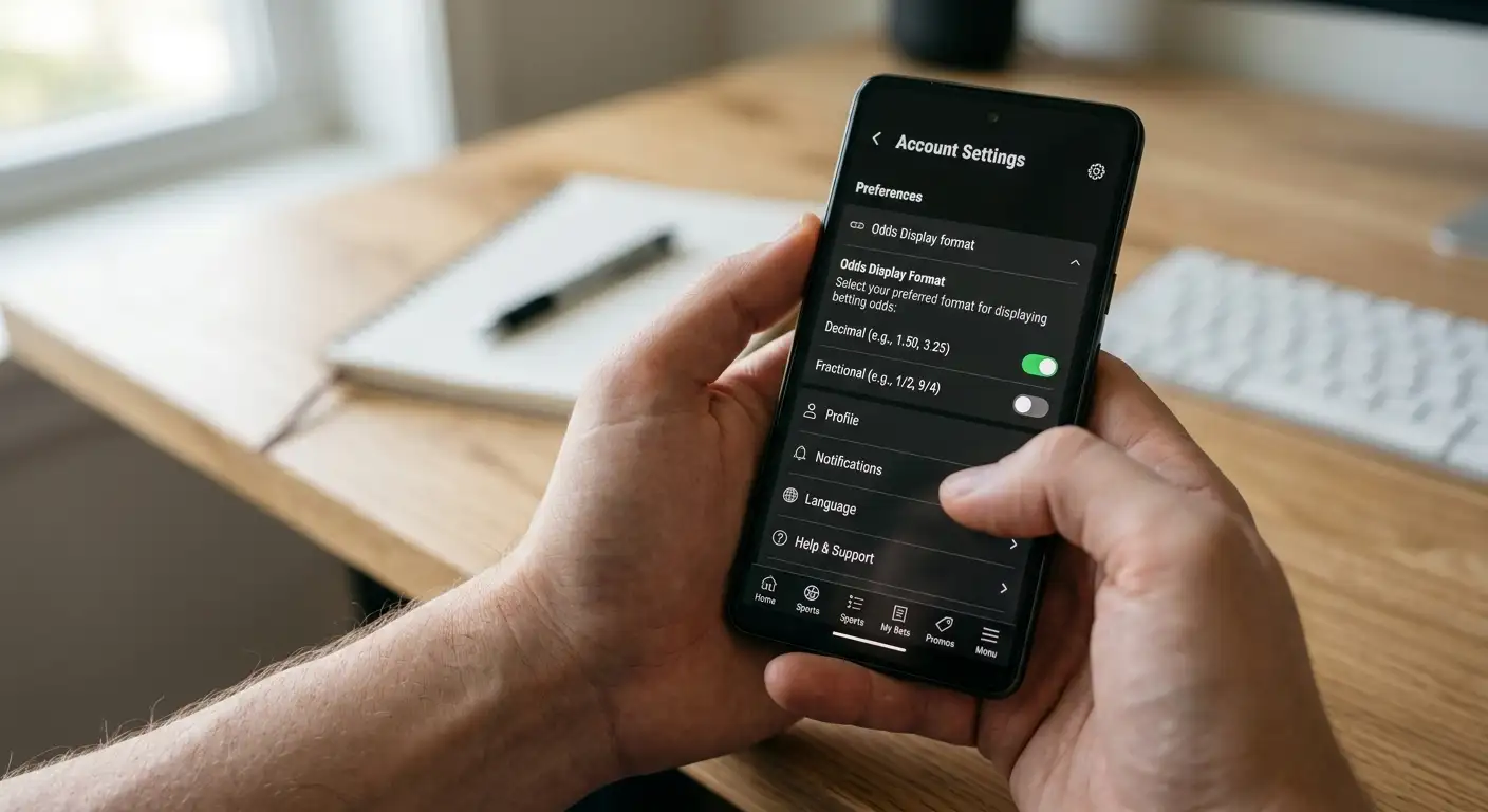 An account settings screen with an odds format toggle on a betting app