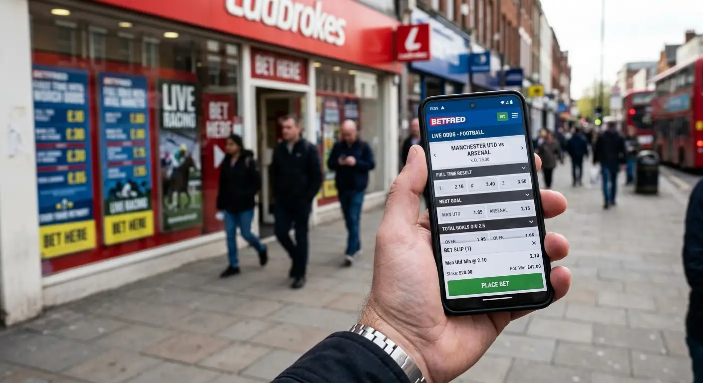 A smartphone and a high-street betting shop representing online and offline betting
