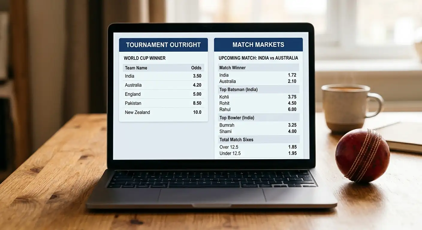 Comparison of outright tournament markets and single-match cricket markets on screen