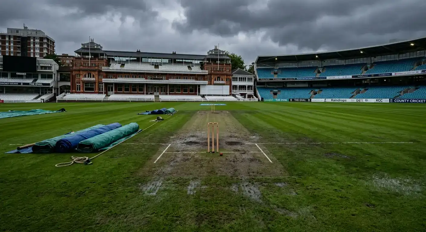 An overcast cricket ground with heavy grey clouds affecting conditions