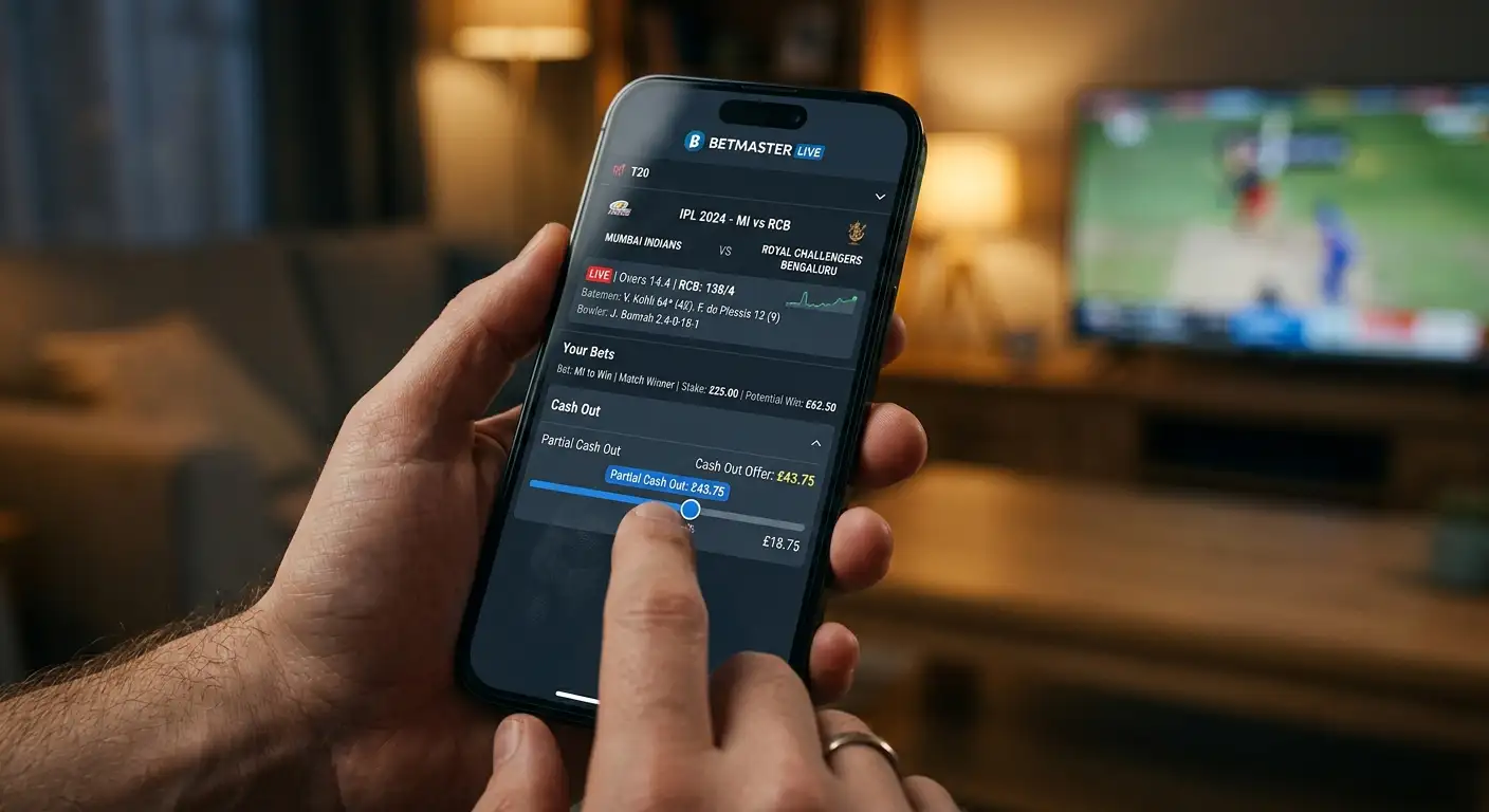 A betting app screen showing a partial cash out slider on a cricket bet