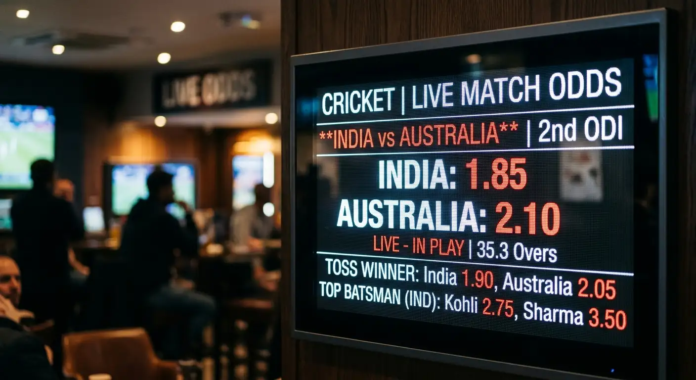 Close view of a cricket odds board showing decimal prices for a match
