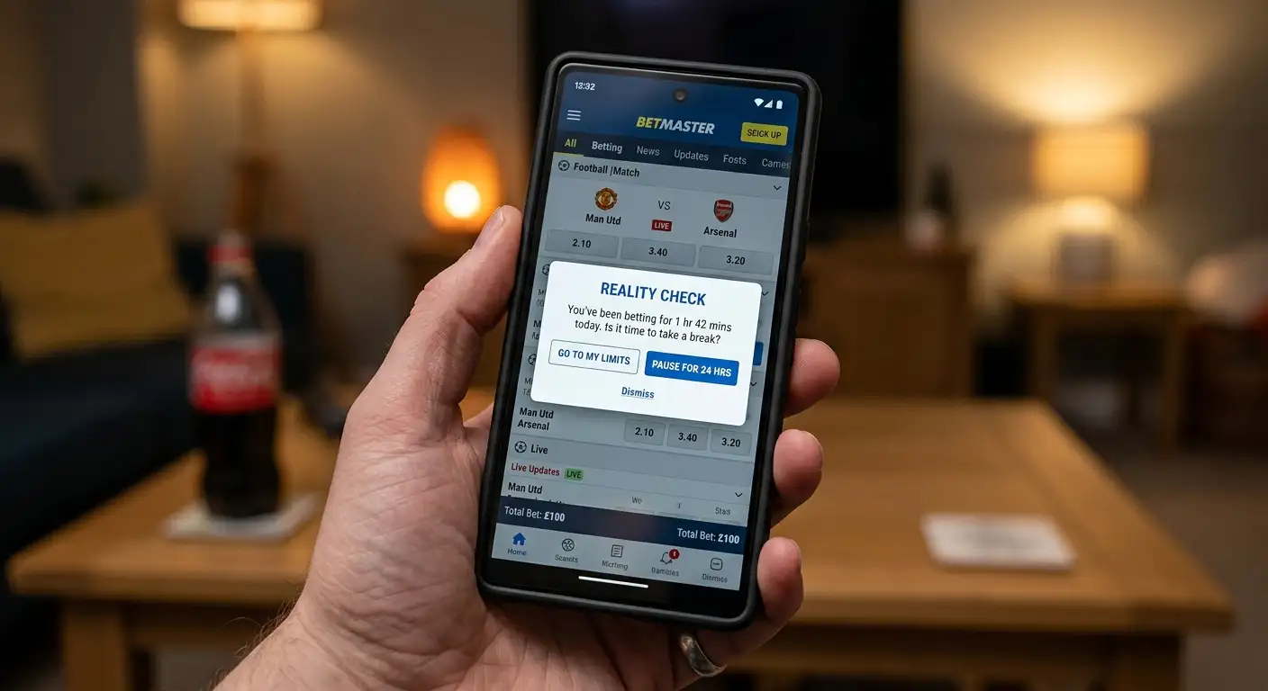 A reality check reminder pop-up on a phone during a betting session