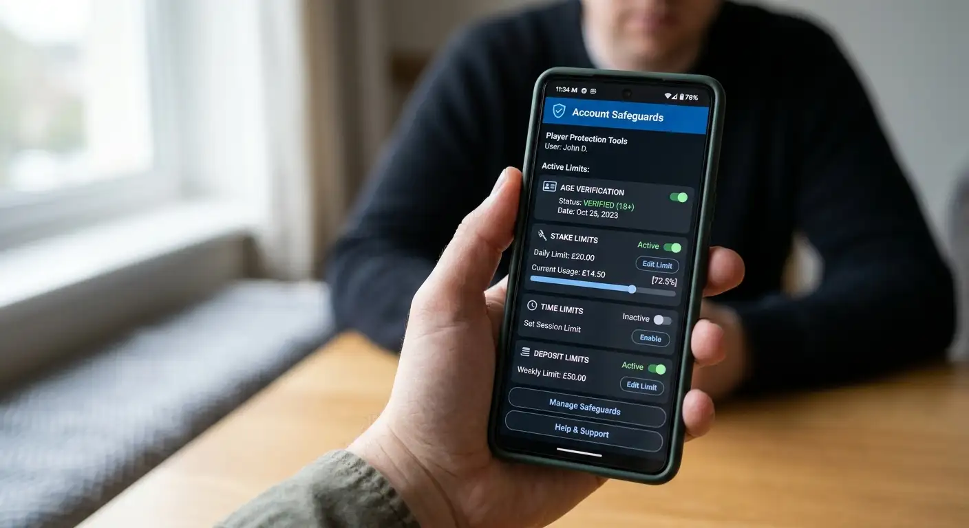 A phone showing age and limit safeguards on a betting account