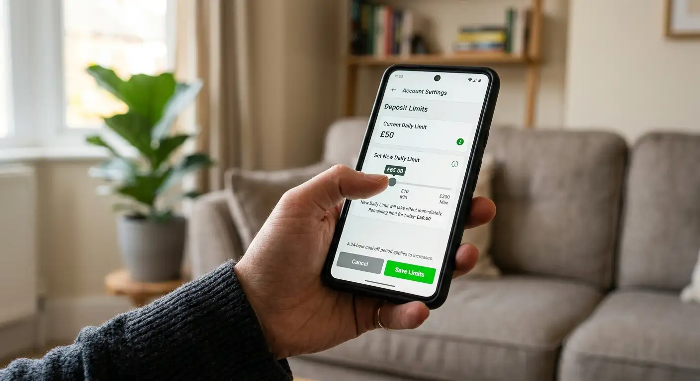 A hand setting a deposit limit in a betting account on a mobile phone