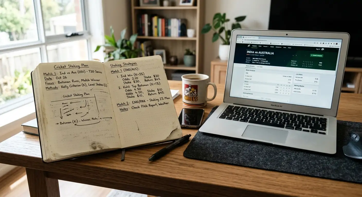 Handwritten staking plan notes beside a laptop with cricket data