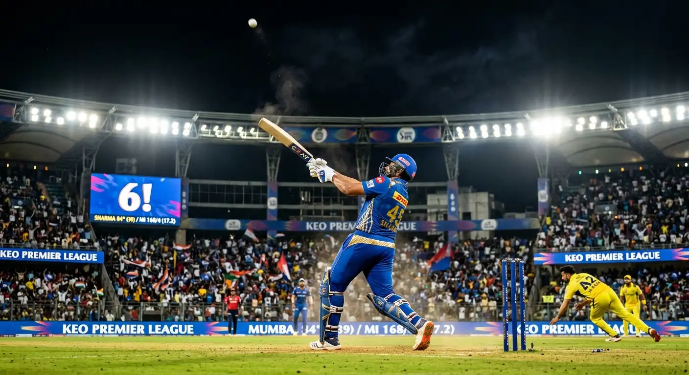 A T20 batter hitting a six under floodlights