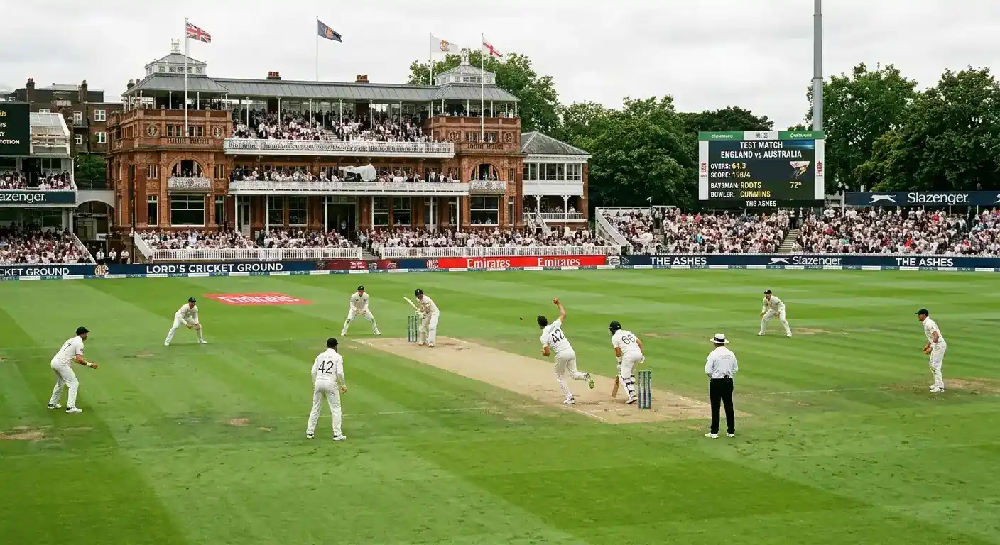 A Test match in progress on a green field under daylight