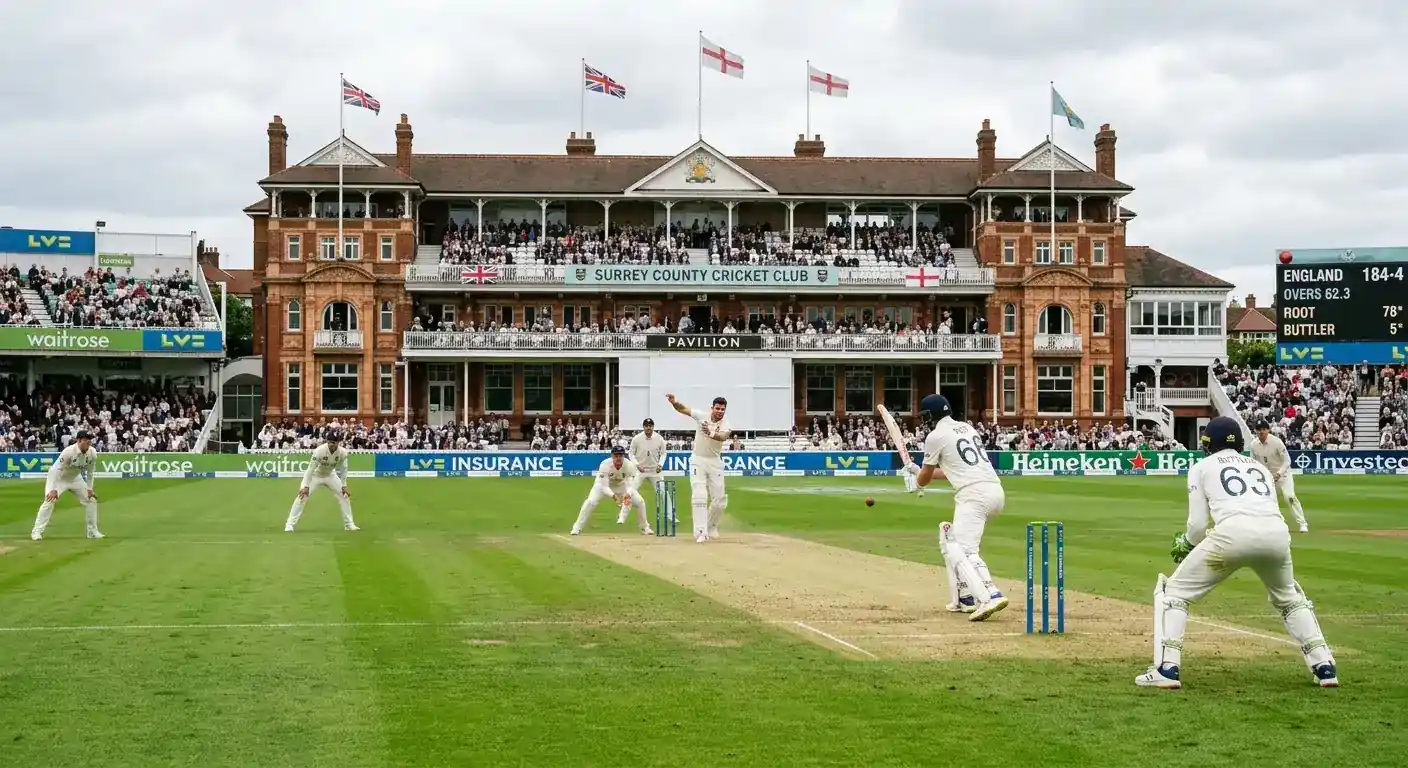 A Test cricket match in progress on a green field with players in whites