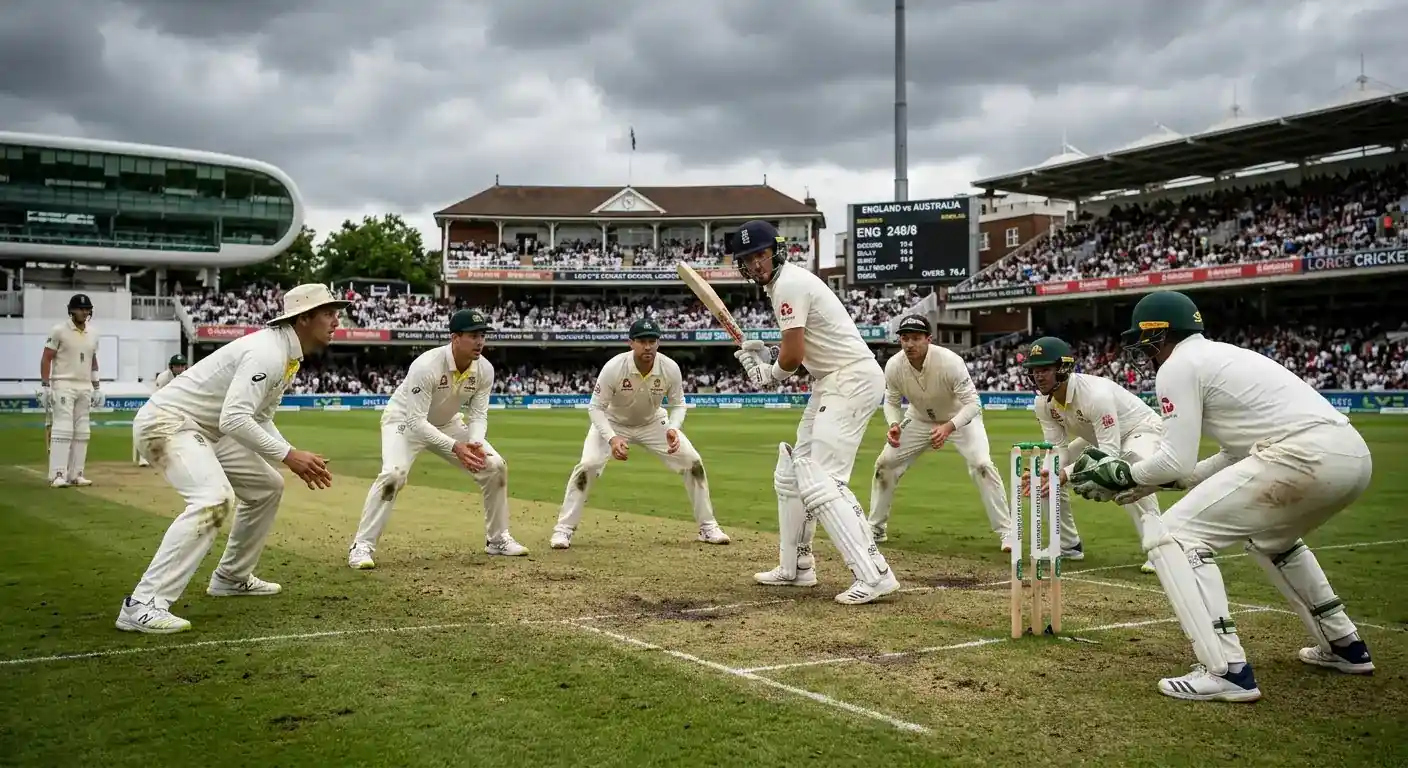 A Test match field setting with close catchers around the bat
