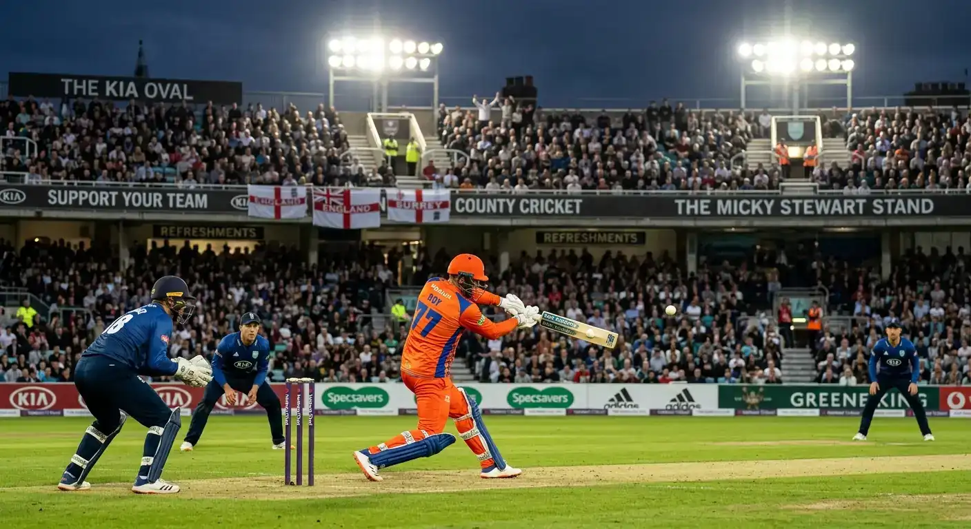 The Hundred white-ball cricket match under floodlights at an English ground