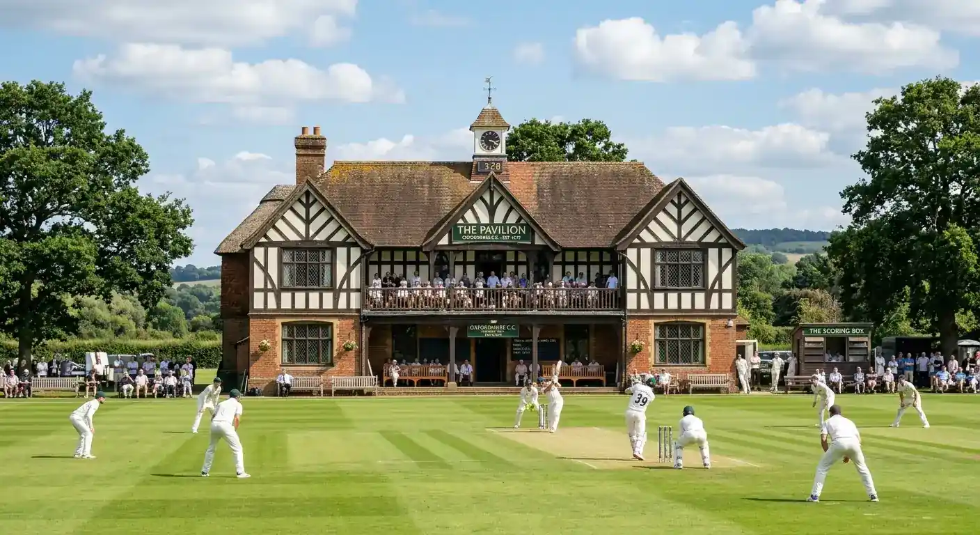 An English cricket ground set against a wider global context