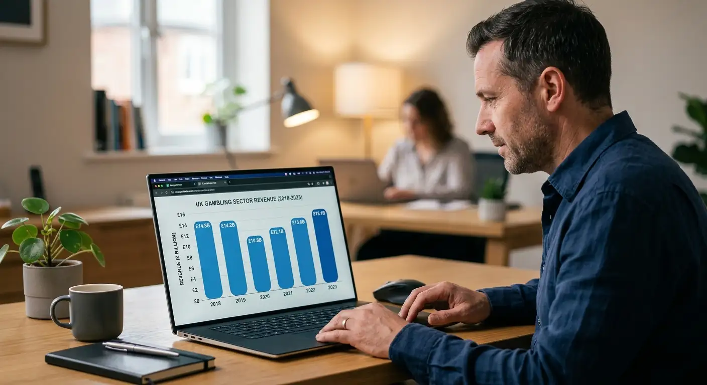 A clean bar chart of UK gambling sector figures on a laptop