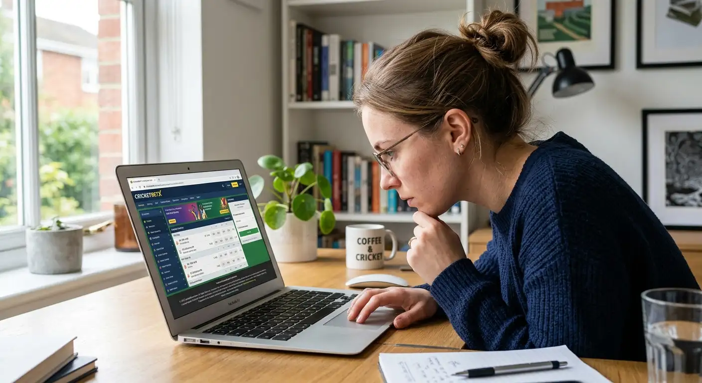 A person examining a betting site's licence footer on a laptop