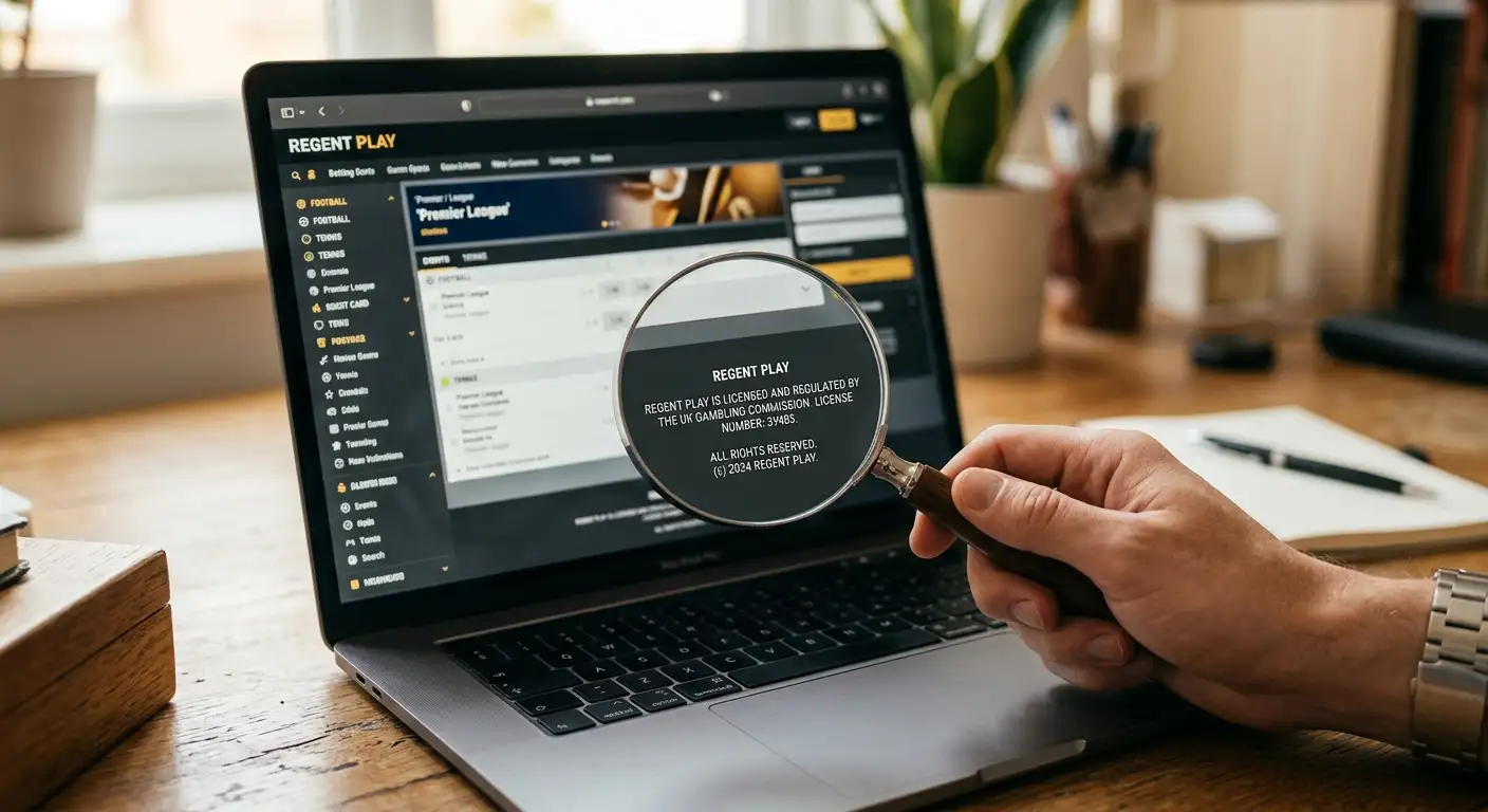 Magnifying glass over a betting site footer highlighting a licence number for verification