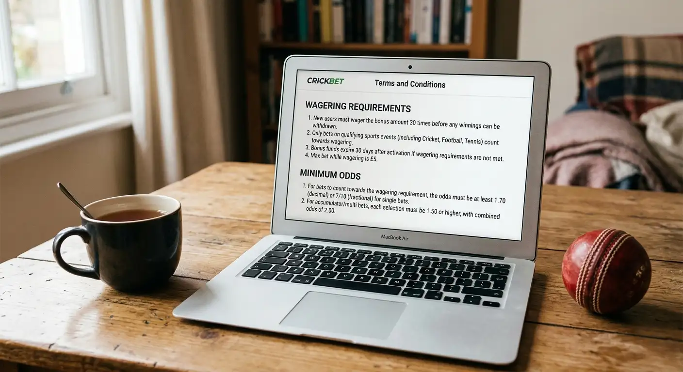 Bonus terms and conditions page showing wagering requirements and minimum odds