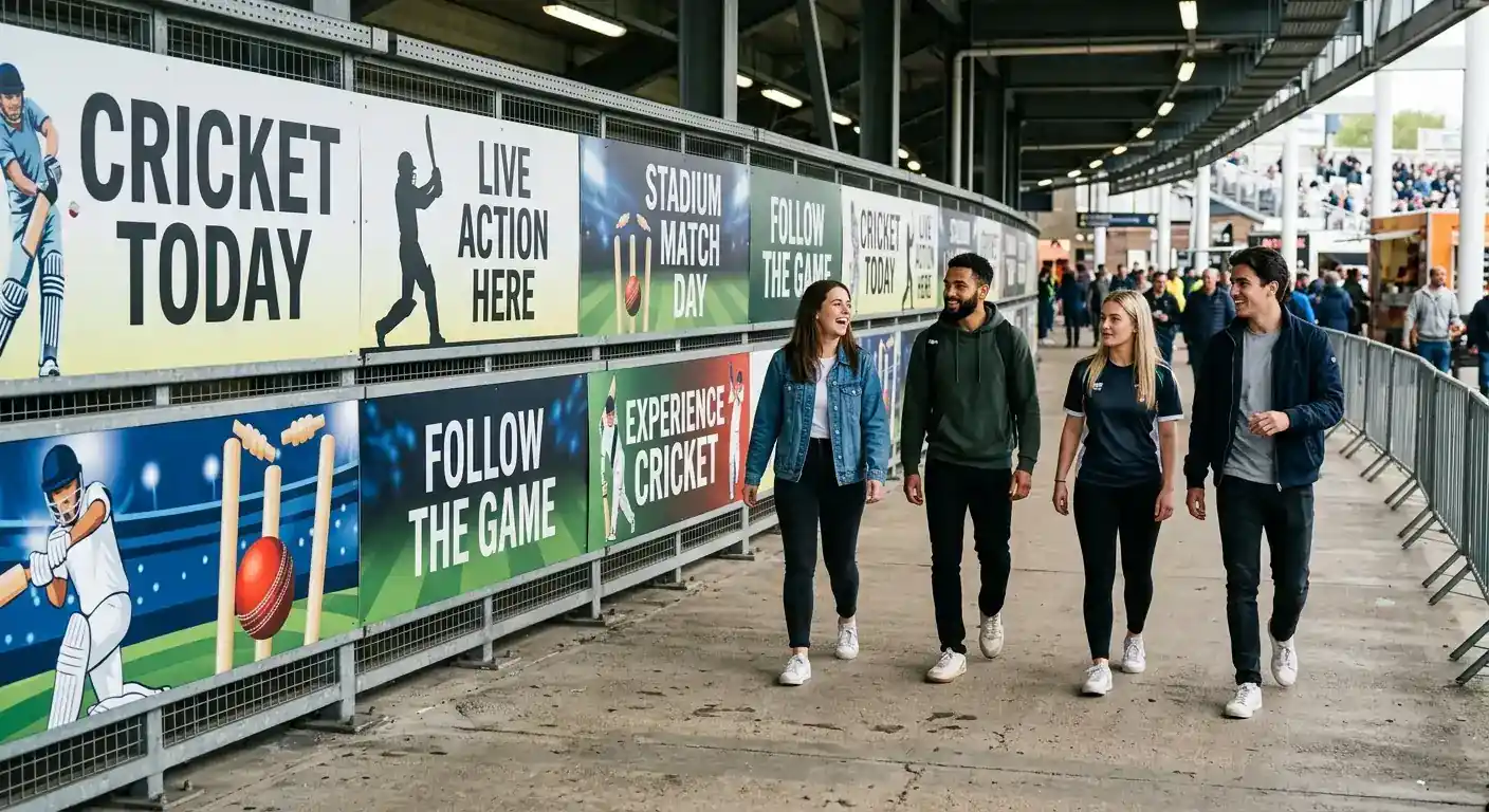 Young adults near sports advertising at a stadium