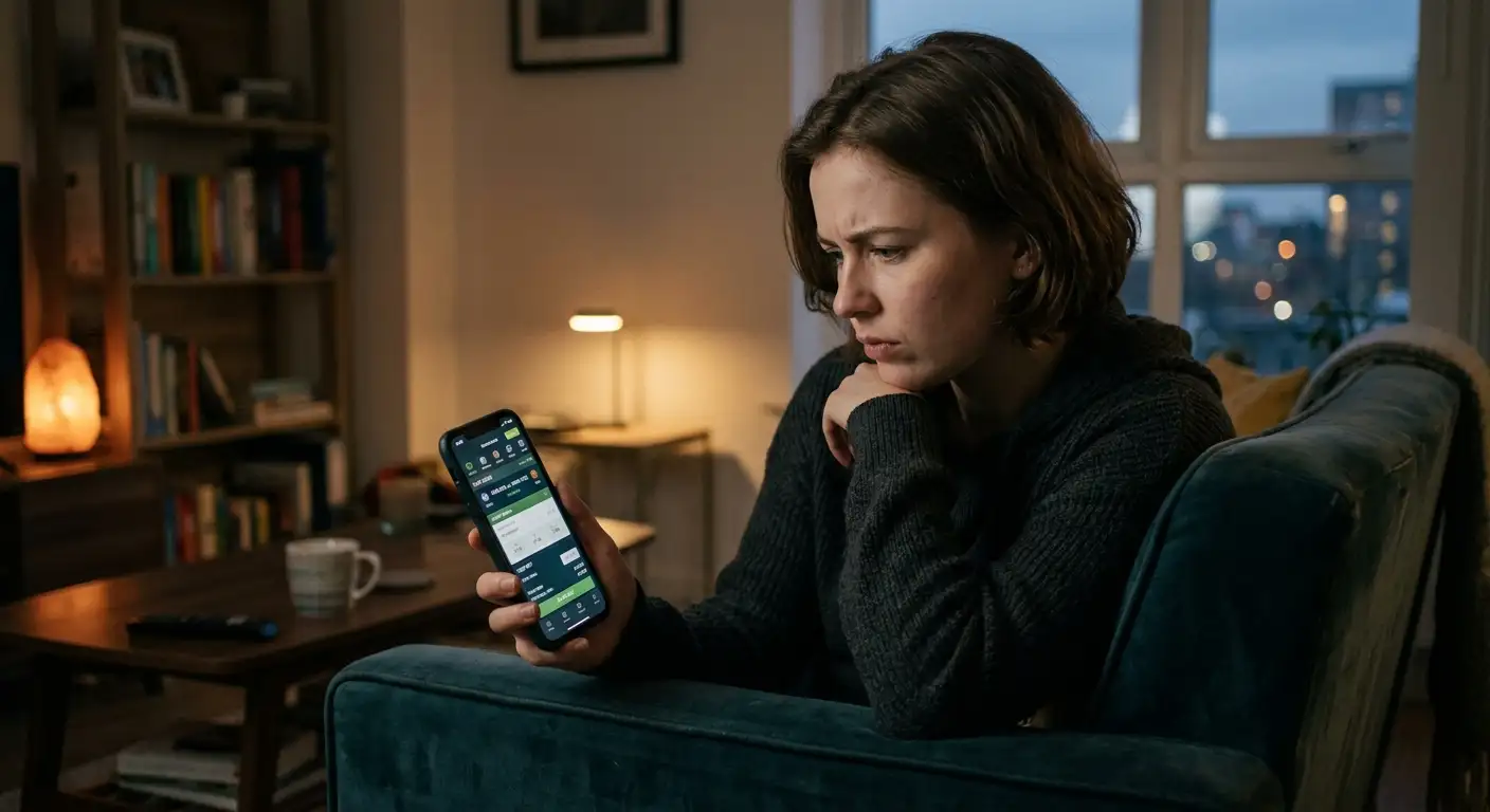 A young adult looking at a betting app on a phone in a dim room