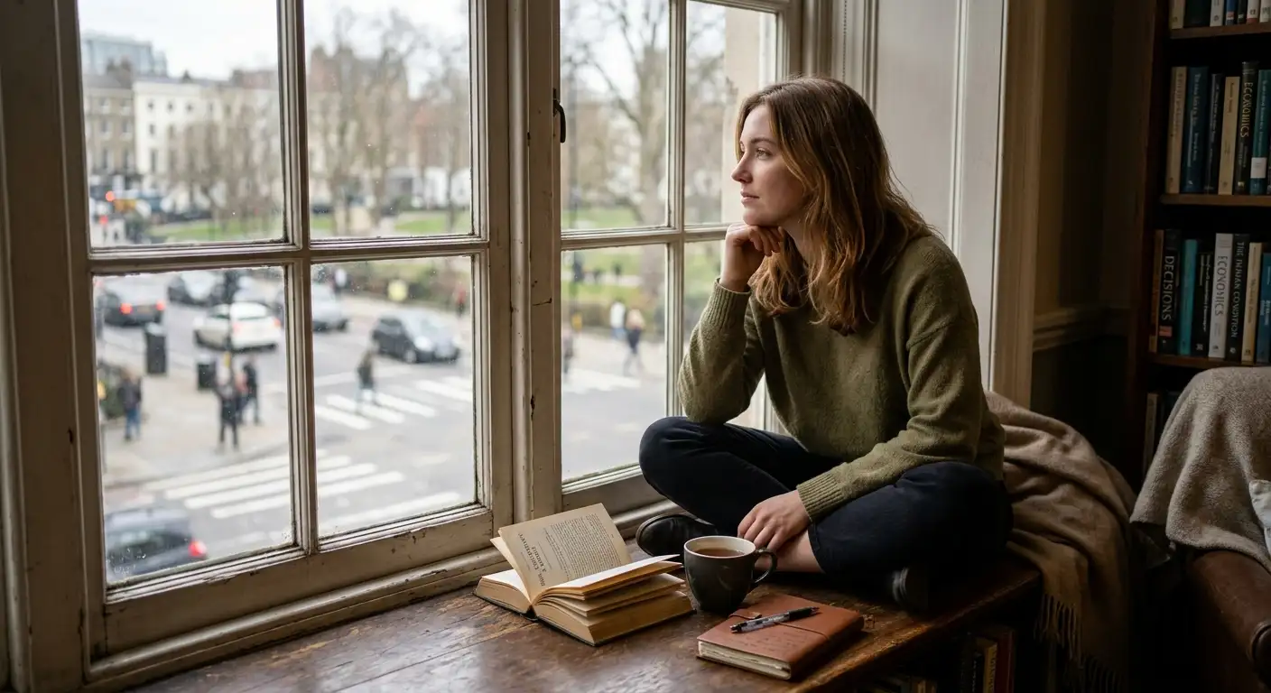 A thoughtful young adult sitting quietly by a window